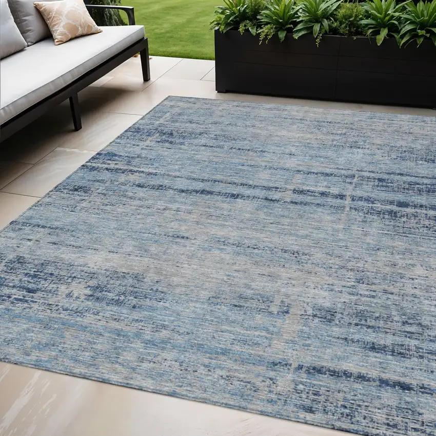Sky Blue And Navy Blue Abstract Washable Indoor Outdoor Area Rug Photo 1