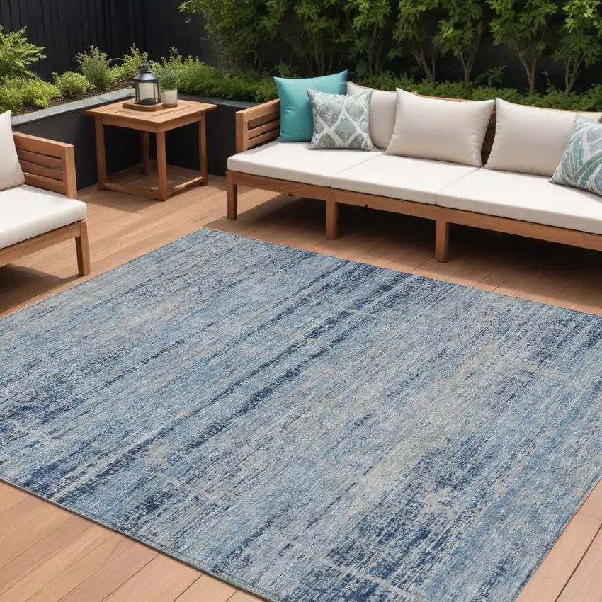 Sky Blue And Navy Blue Abstract Washable Indoor Outdoor Area Rug Photo 1