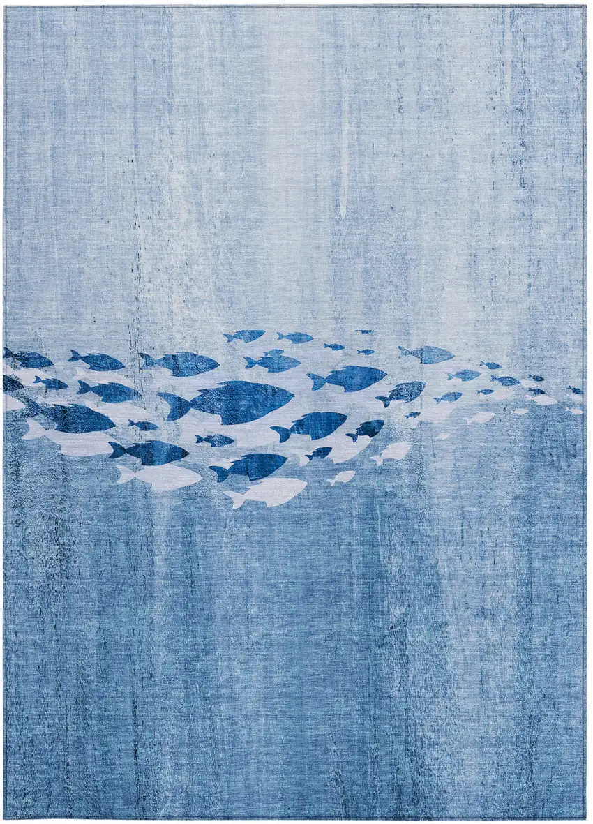 Sky Blue And Navy Blue Nautical Washable Indoor Outdoor Area Rug Photo 5