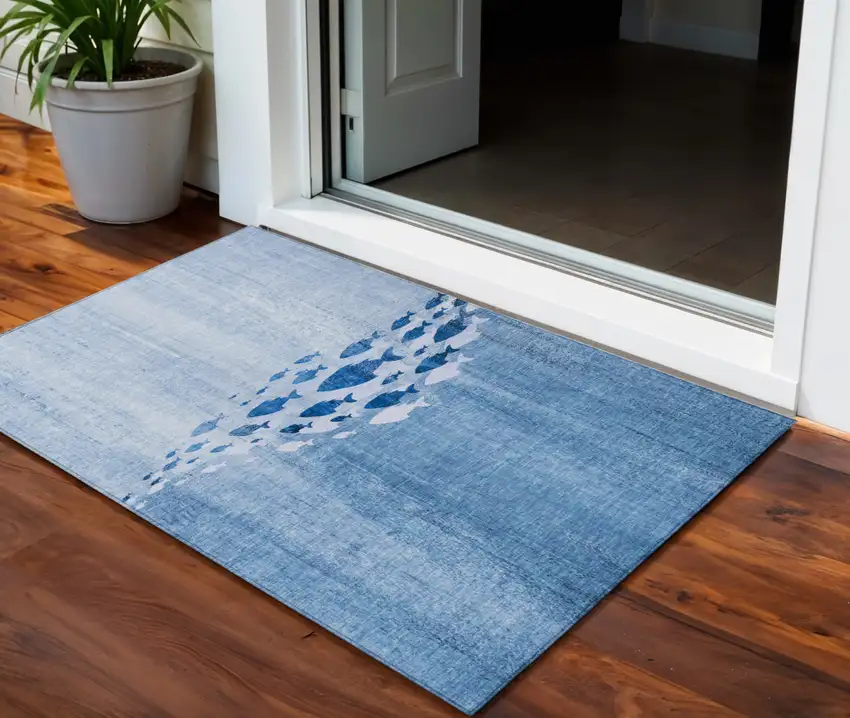 Sky Blue And Navy Blue Nautical Washable Indoor Outdoor Area Rug Photo 1