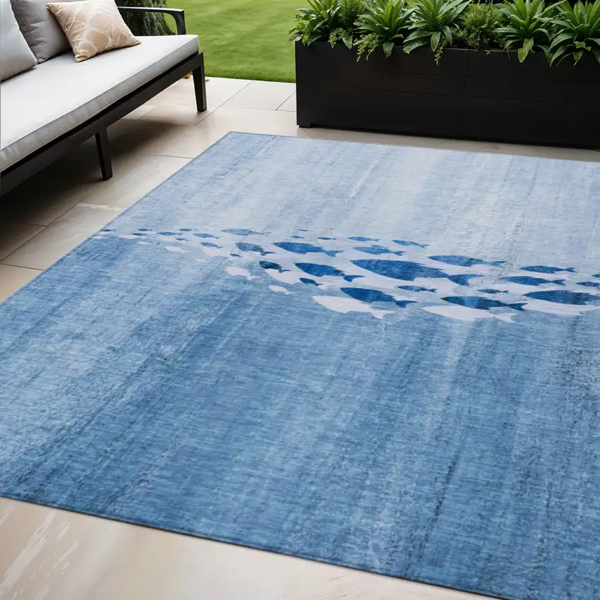 Sky Blue And Navy Blue Nautical Washable Indoor Outdoor Area Rug Photo 1