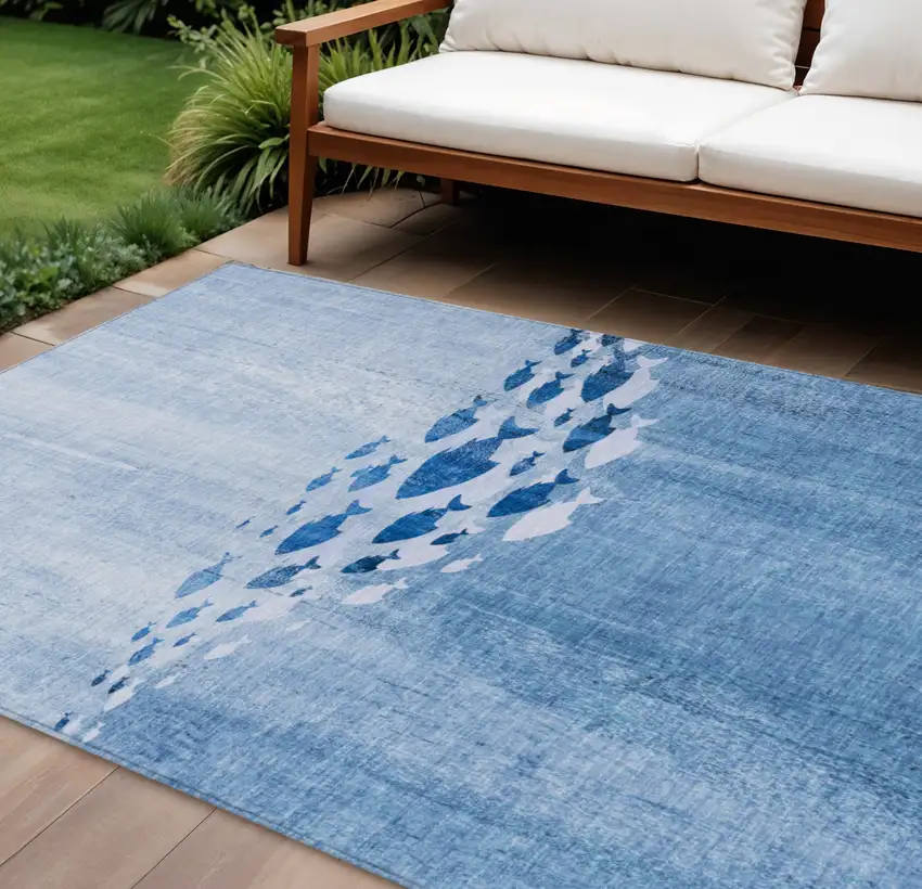 Sky Blue And Navy Blue Nautical Washable Indoor Outdoor Area Rug Photo 1