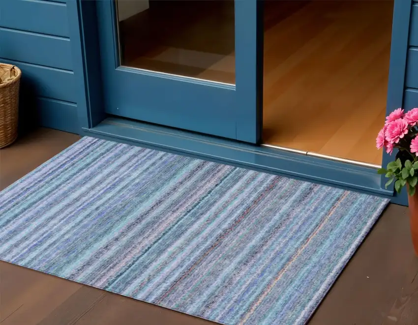Sky Blue And Navy Blue Striped Washable Indoor Outdoor Area Rug Photo 1