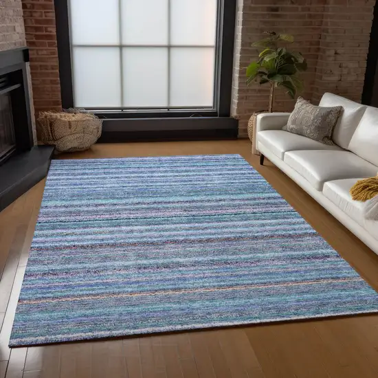 Sky Blue And Navy Blue Striped Washable Indoor Outdoor Area Rug Photo 9
