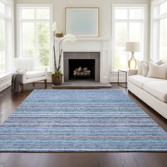 Sky Blue And Navy Blue Striped Washable Indoor Outdoor Area Rug Photo 8