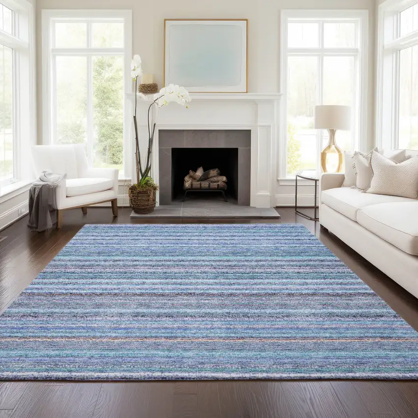 Sky Blue And Navy Blue Striped Washable Indoor Outdoor Area Rug Photo 8