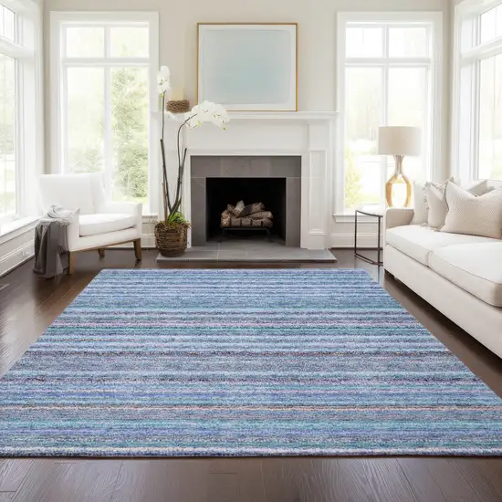 Sky Blue And Navy Blue Striped Washable Indoor Outdoor Area Rug Photo 8