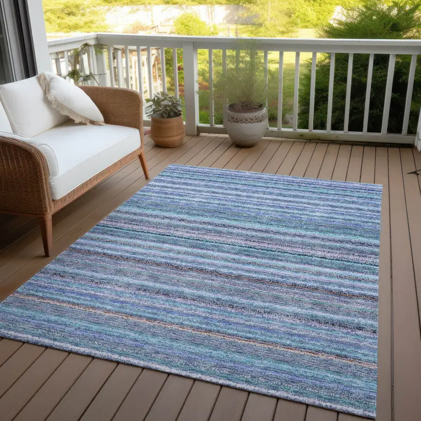 Sky Blue And Navy Blue Striped Washable Indoor Outdoor Area Rug Photo 8