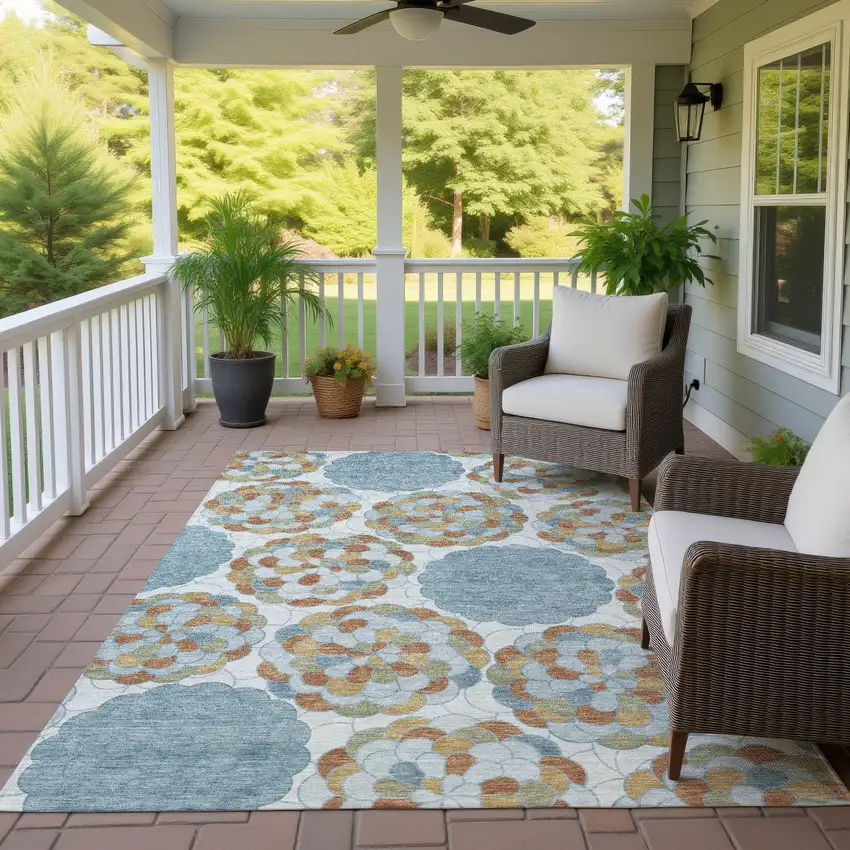 Sky Blue And Orange Floral Washable Indoor Outdoor Area Rug Photo 4