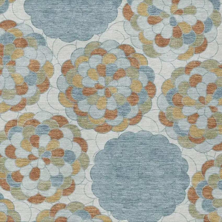 Sky Blue And Orange Floral Washable Indoor Outdoor Area Rug Photo 2