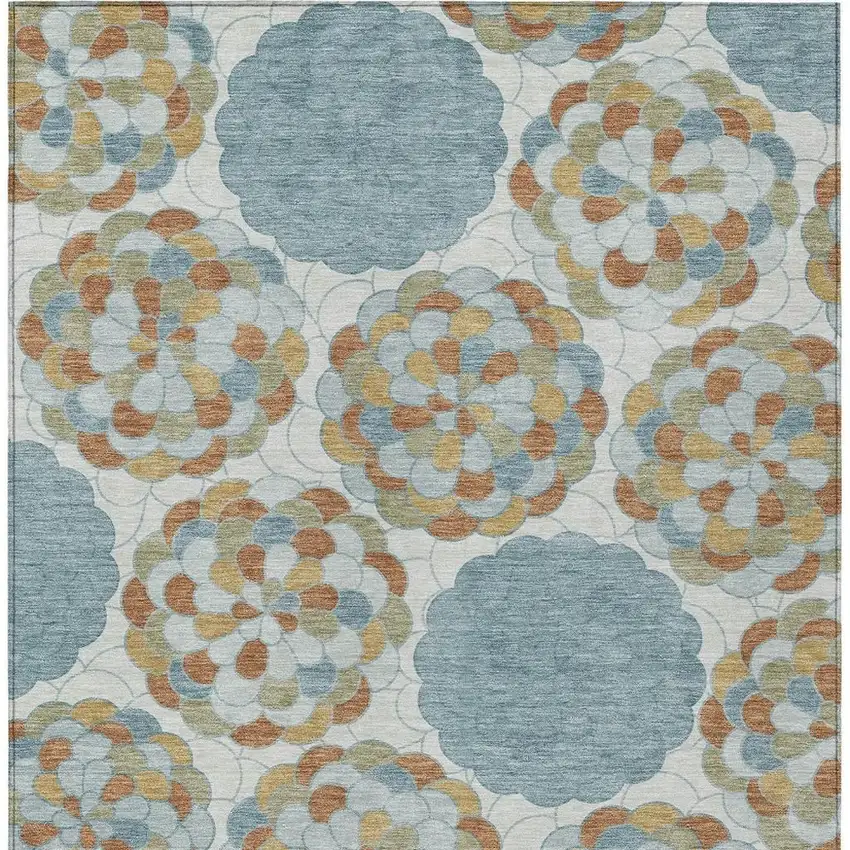 Sky Blue And Orange Floral Washable Indoor Outdoor Area Rug Photo 3