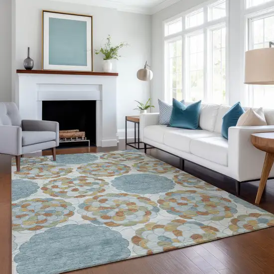 Sky Blue And Orange Floral Washable Indoor Outdoor Area Rug Photo 6