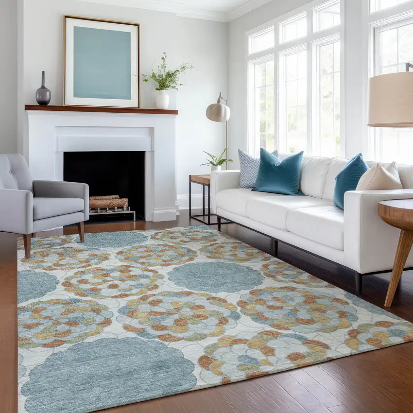 Sky Blue And Orange Floral Washable Indoor Outdoor Area Rug Photo 6