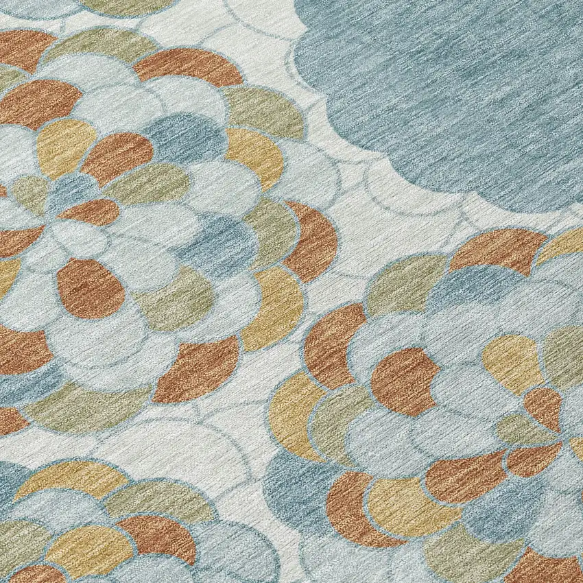 Sky Blue And Orange Floral Washable Indoor Outdoor Area Rug Photo 9