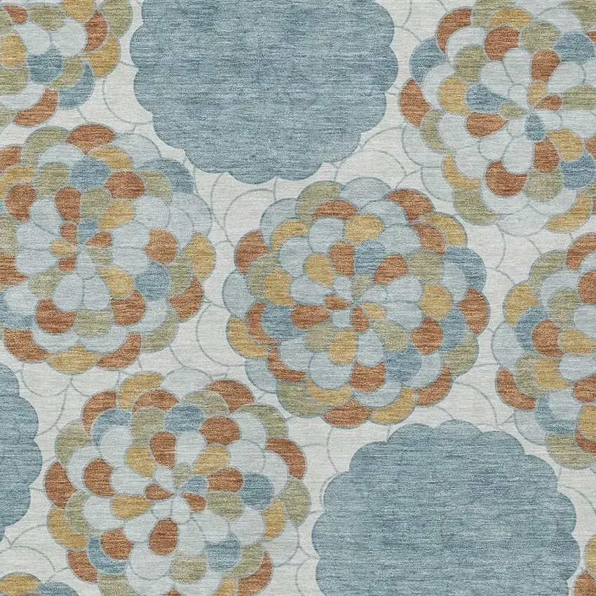 Sky Blue And Orange Floral Washable Indoor Outdoor Area Rug Photo 2