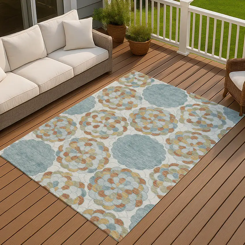 Sky Blue And Orange Floral Washable Indoor Outdoor Area Rug Photo 7
