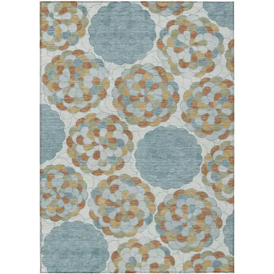 Sky Blue And Orange Floral Washable Indoor Outdoor Area Rug Photo 1