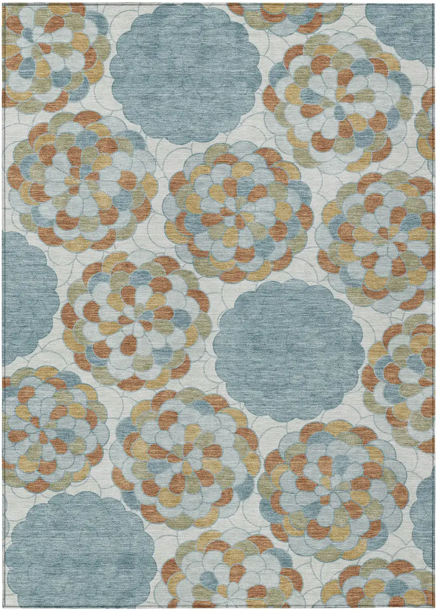 Sky Blue And Orange Floral Washable Indoor Outdoor Area Rug Photo 1
