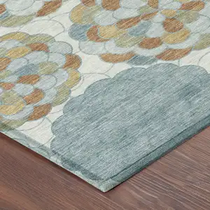 Photo of Sky Blue And Orange Floral Washable Indoor Outdoor Area Rug