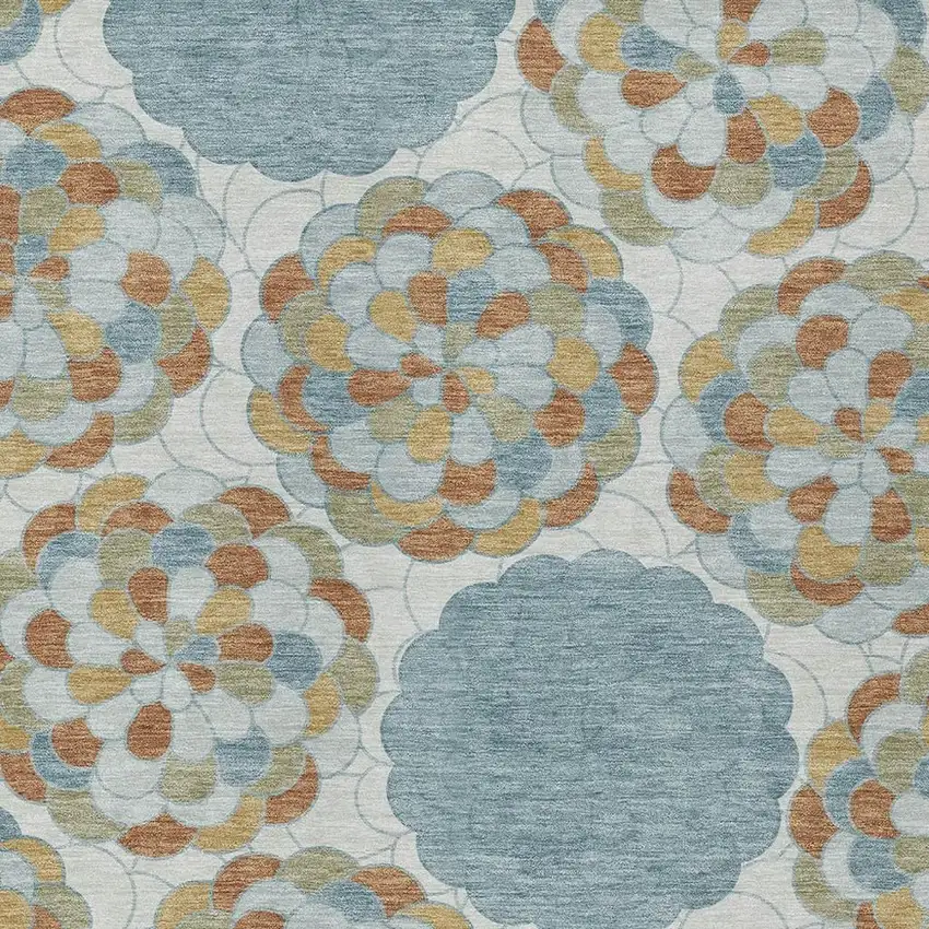 Sky Blue And Orange Floral Washable Indoor Outdoor Area Rug Photo 2