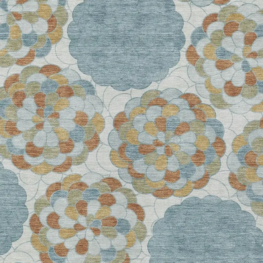 Sky Blue And Orange Floral Washable Indoor Outdoor Area Rug Photo 2