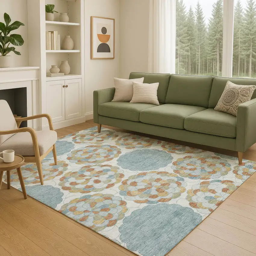 Sky Blue And Orange Floral Washable Indoor Outdoor Area Rug Photo 5