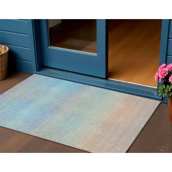 Sky Blue And Peach Abstract Washable Indoor Outdoor Area Rug Photo 2