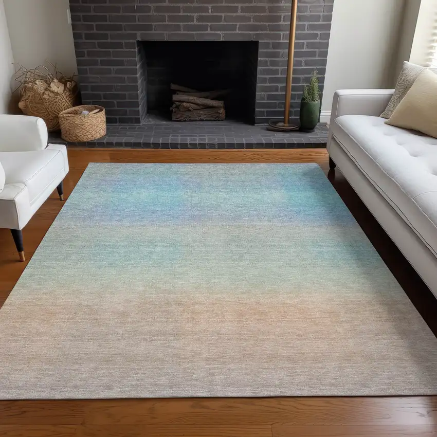 Sky Blue And Peach Abstract Washable Indoor Outdoor Area Rug Photo 6