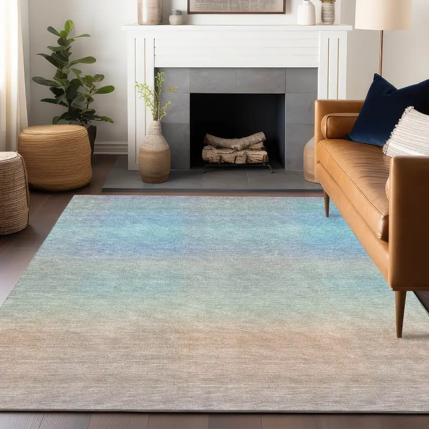 Sky Blue And Peach Abstract Washable Indoor Outdoor Area Rug Photo 5