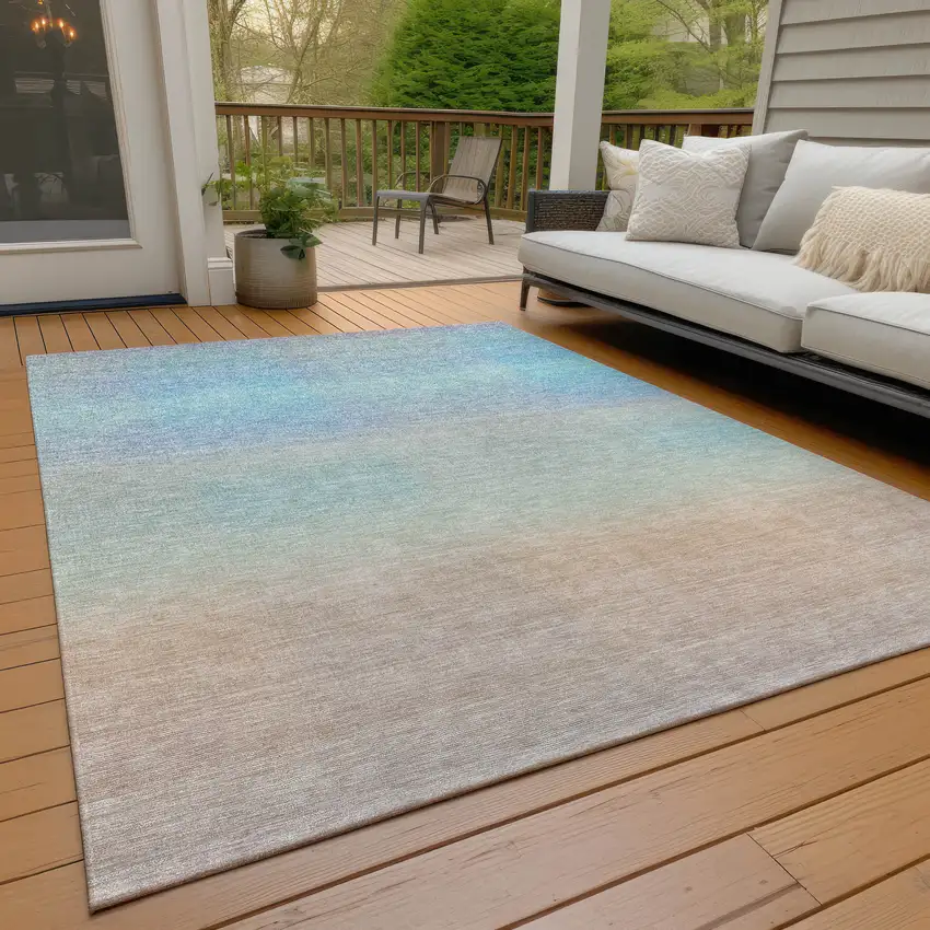 Sky Blue And Peach Abstract Washable Indoor Outdoor Area Rug Photo 7