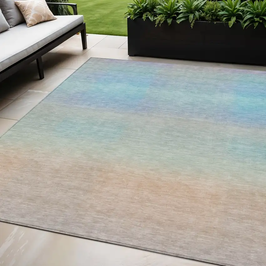Sky Blue And Peach Abstract Washable Indoor Outdoor Area Rug Photo 2