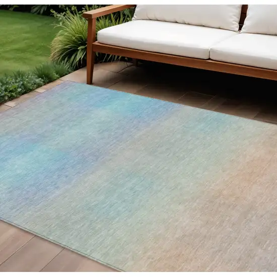 Sky Blue And Peach Abstract Washable Indoor Outdoor Area Rug Photo 2