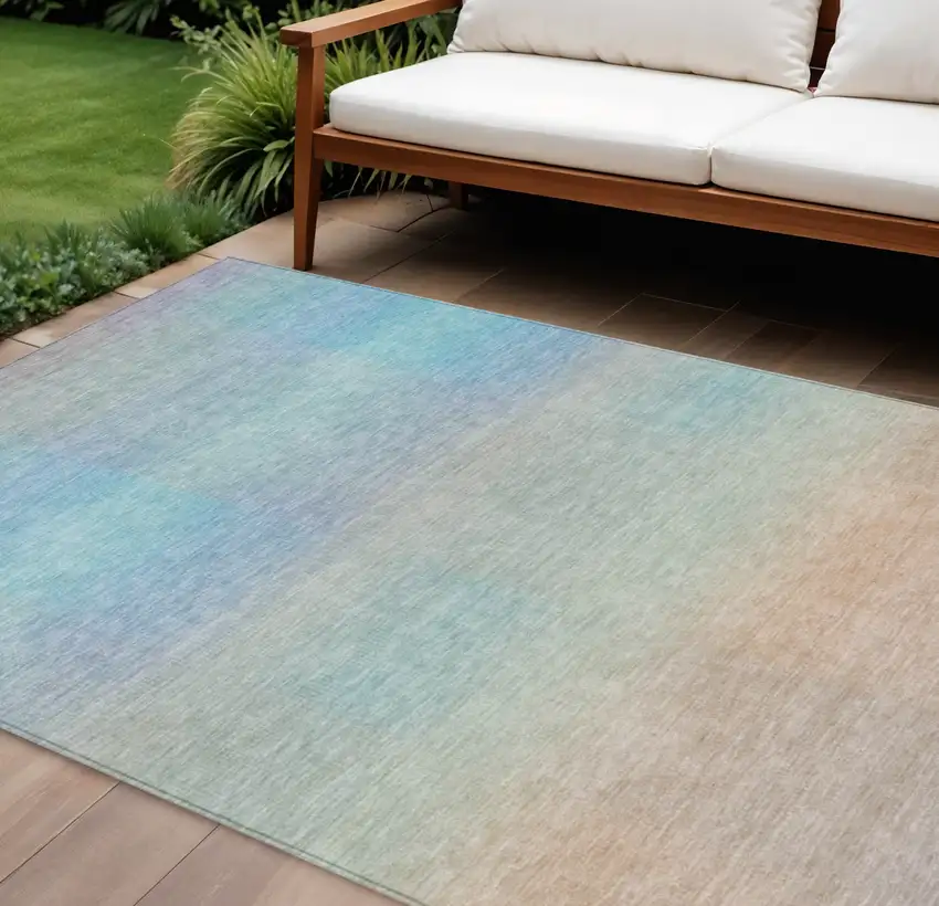 Sky Blue And Peach Abstract Washable Indoor Outdoor Area Rug Photo 2