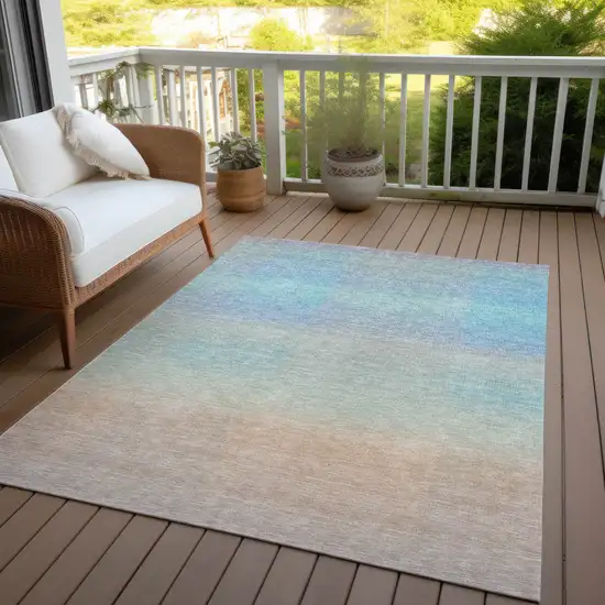 Sky Blue And Peach Abstract Washable Indoor Outdoor Area Rug Photo 5