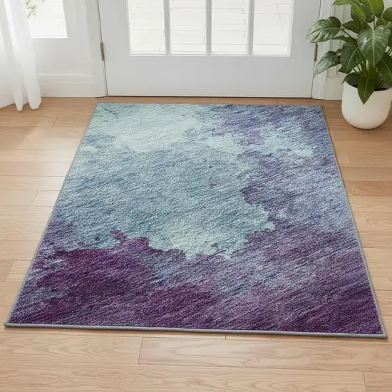 Sky Blue And Purple Abstract Washable Area Rug With UV Protection Photo 2