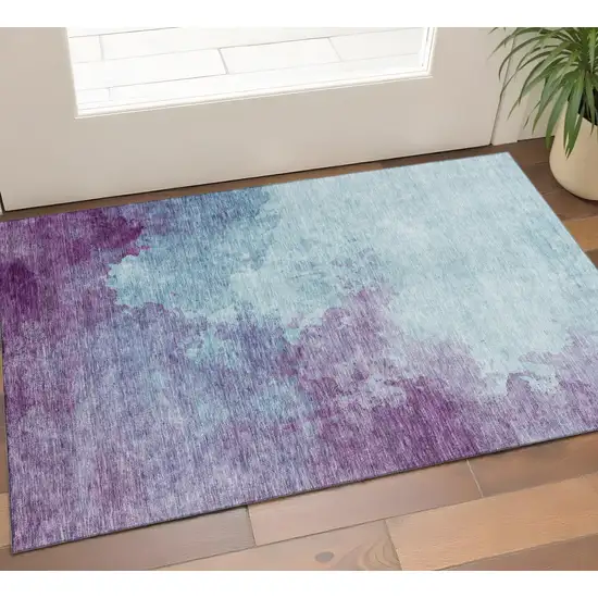 Sky Blue And Purple Abstract Washable Area Rug With UV Protection Photo 1