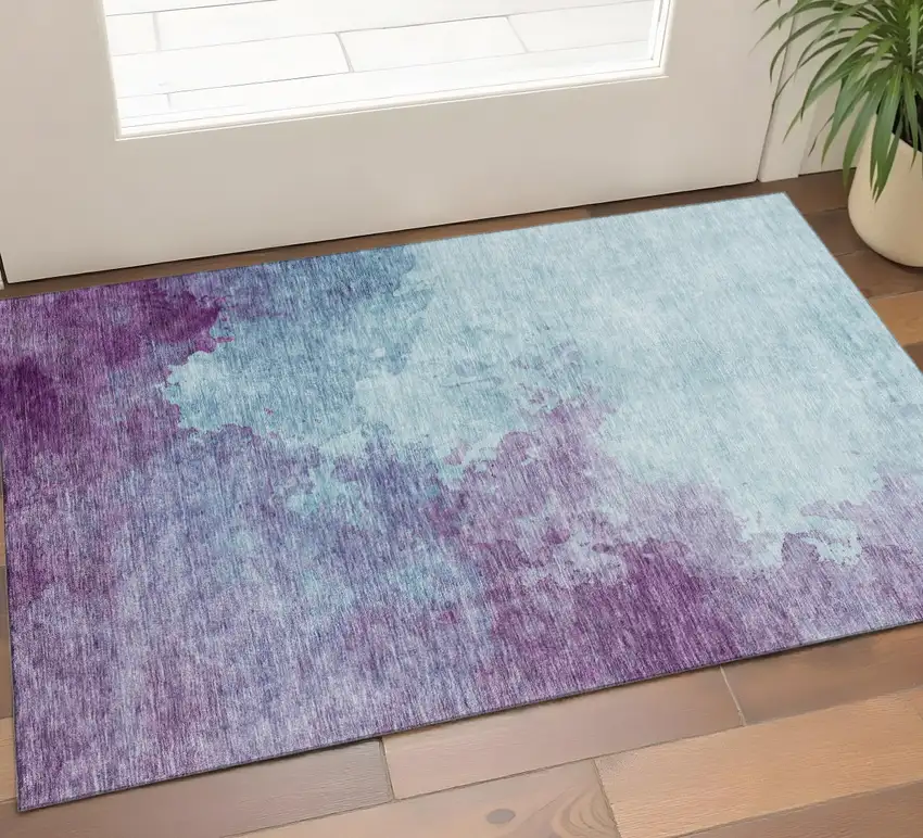 Sky Blue And Purple Abstract Washable Area Rug With UV Protection Photo 1