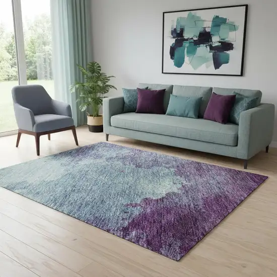 Sky Blue And Purple Abstract Washable Area Rug With UV Protection Photo 2