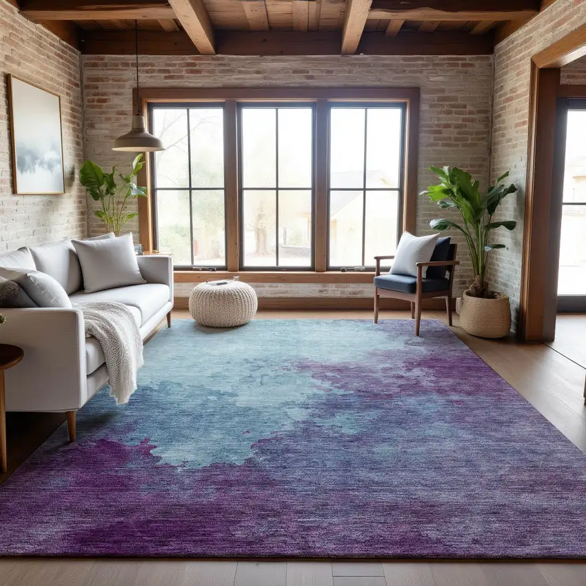 Sky Blue And Purple Abstract Washable Area Rug With UV Protection Photo 4
