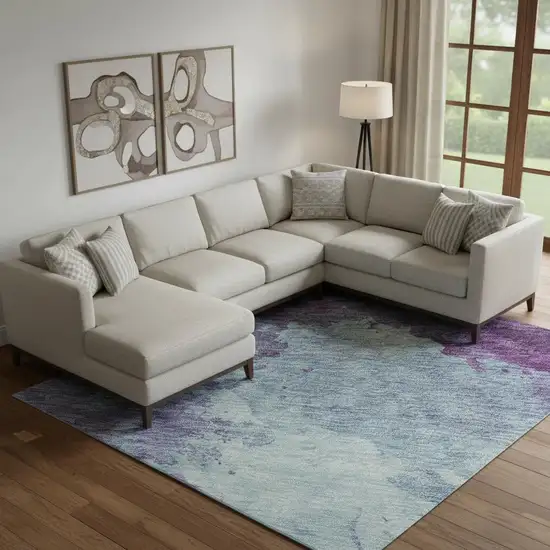 Sky Blue And Purple Abstract Washable Area Rug With UV Protection Photo 2