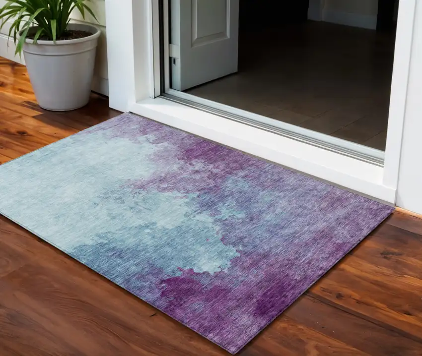Sky Blue And Purple Abstract Washable Indoor Outdoor Area Rug Photo 1