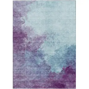 Photo of Sky Blue And Purple Abstract Washable Indoor Outdoor Area Rug