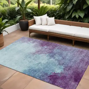 Photo of Sky Blue And Purple Abstract Washable Indoor Outdoor Area Rug