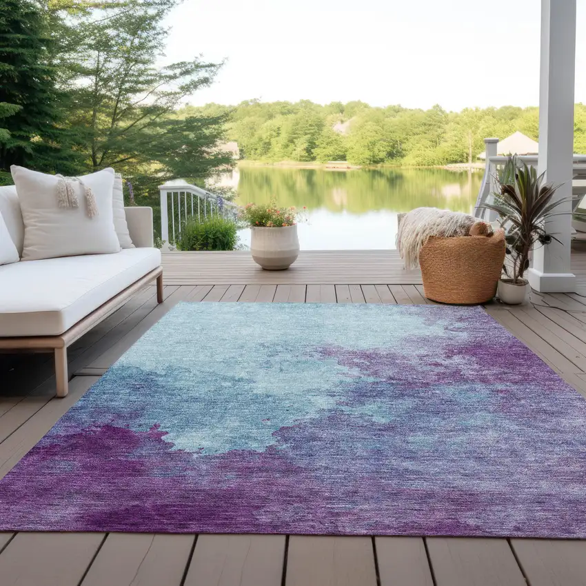 Sky Blue And Purple Abstract Washable Indoor Outdoor Area Rug Photo 7