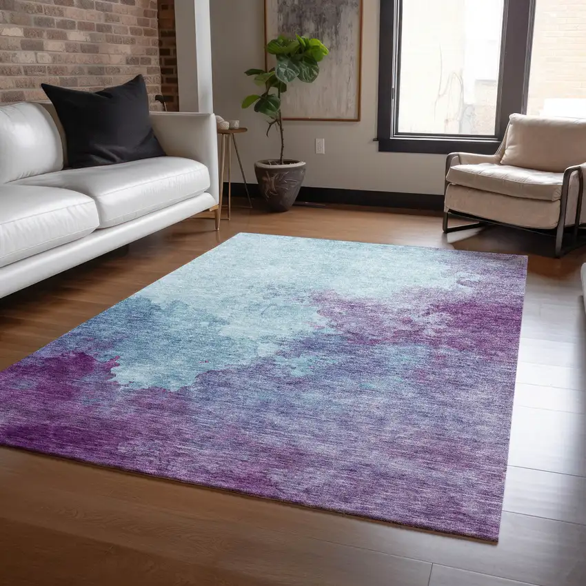 Sky Blue And Purple Abstract Washable Indoor Outdoor Area Rug Photo 8