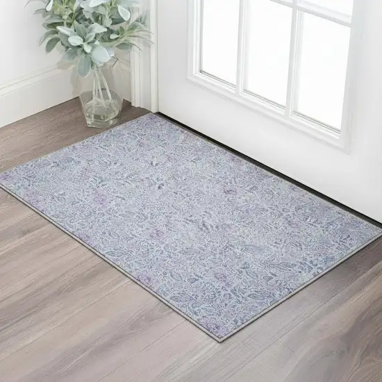 Sky Blue And Purple Floral Washable Area Rug With UV Protection Photo 1