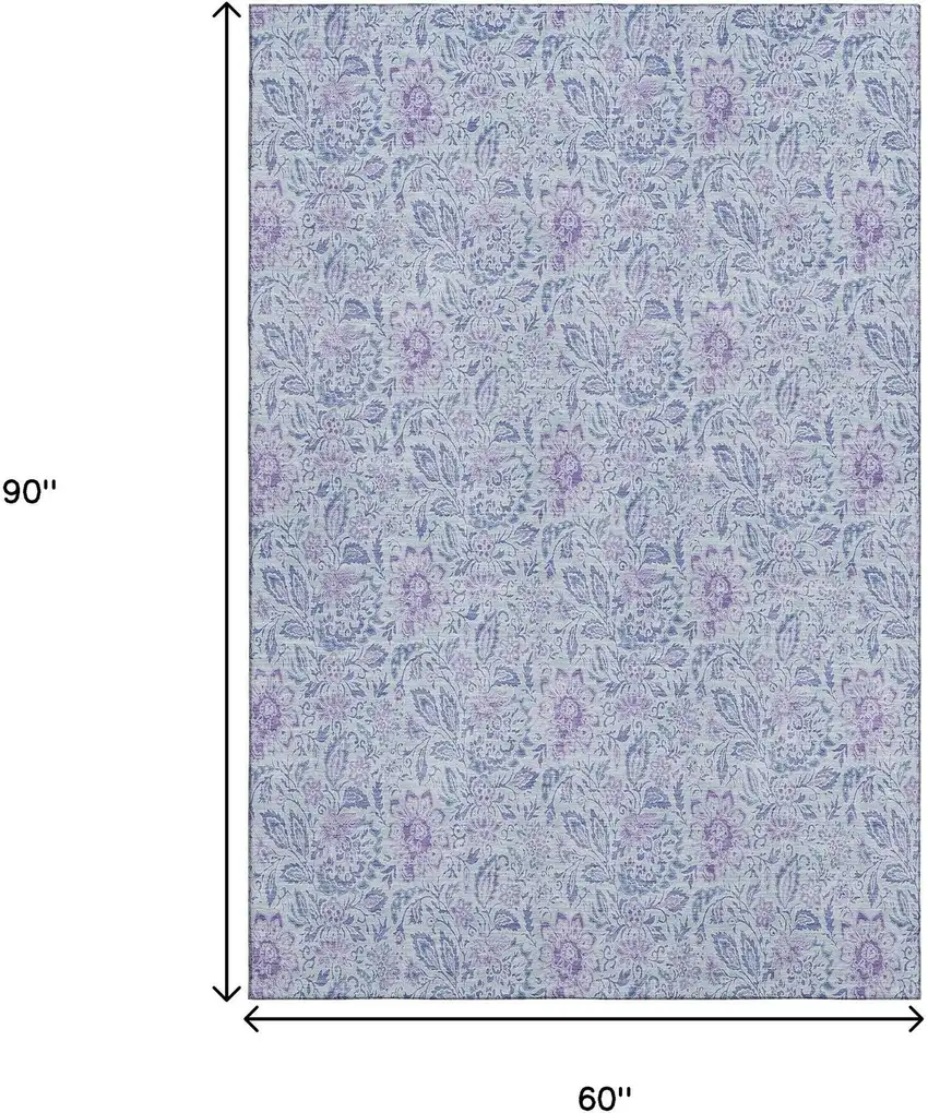 Sky Blue And Purple Floral Washable Area Rug With UV Protection Photo 3
