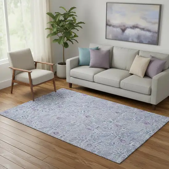 Sky Blue And Purple Floral Washable Area Rug With UV Protection Photo 1