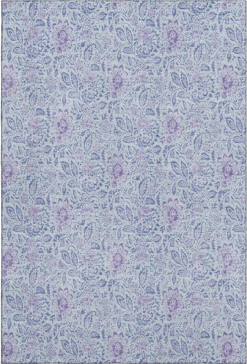 Sky Blue And Purple Floral Washable Area Rug With UV Protection Photo 1