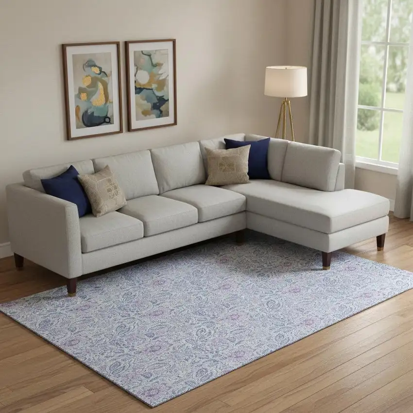 Sky Blue And Purple Floral Washable Area Rug With UV Protection Photo 1